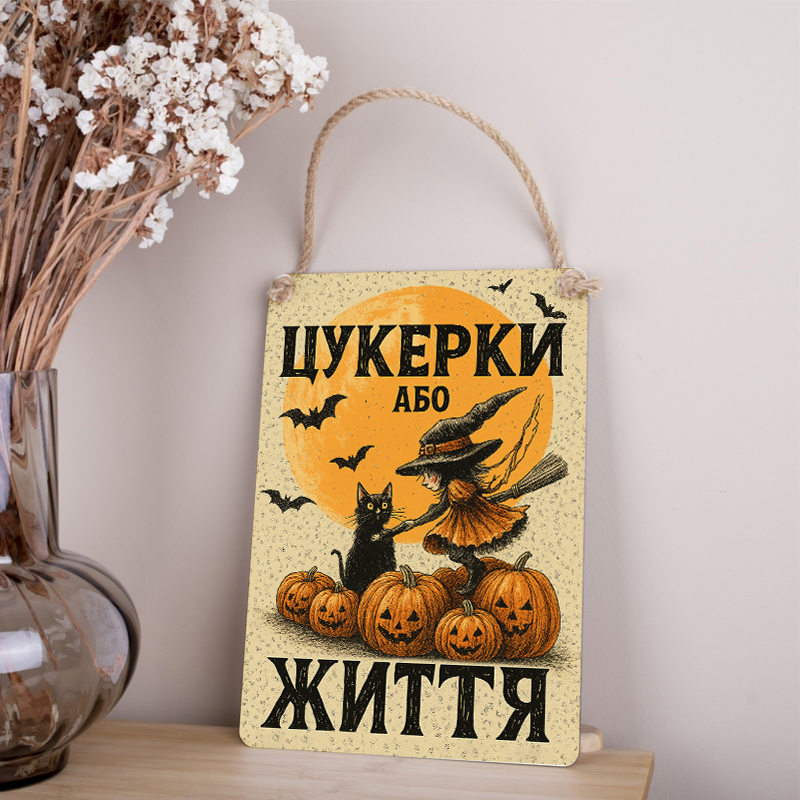 деревянная табличка-постер 30х21см "Конфеты или жизнь" на хэллоуин